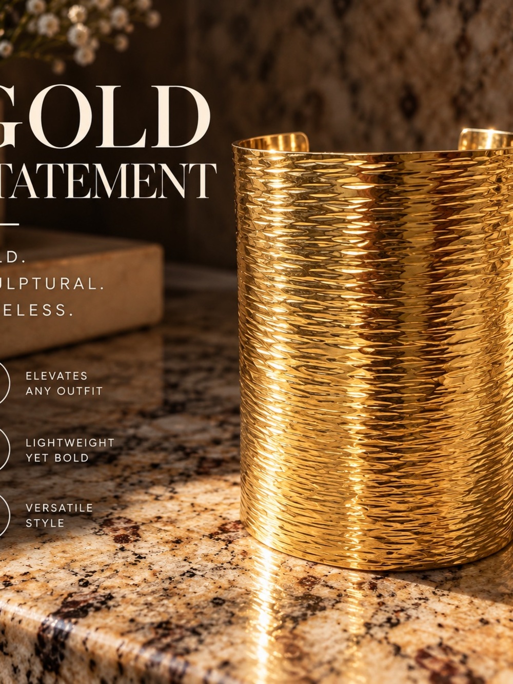 Bold Gold Tone Wide Hammered Cuff Bracelet – Statement Jewelry